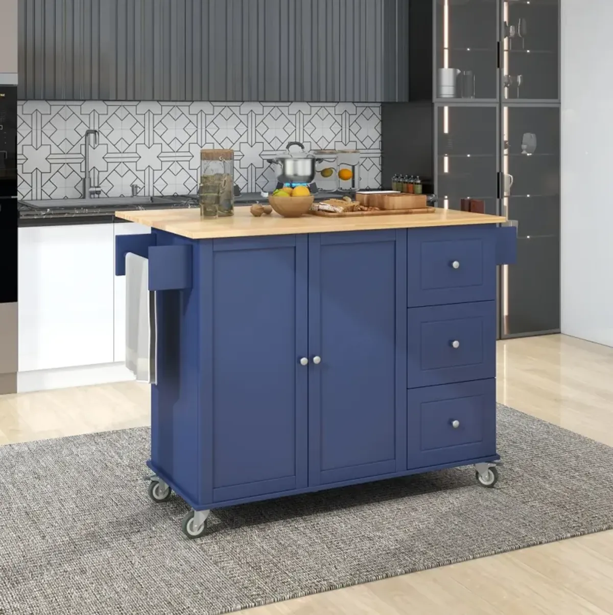 Mobile Kitchen Island with Drop Leaf & Storage Cabinet