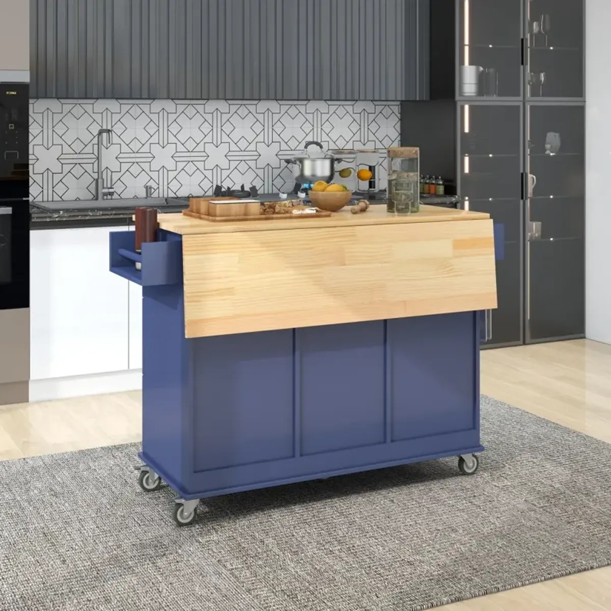 Mobile Kitchen Island with Drop Leaf & Storage Cabinet