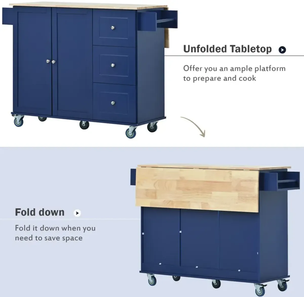 Mobile Kitchen Island with Drop Leaf & Storage Cabinet