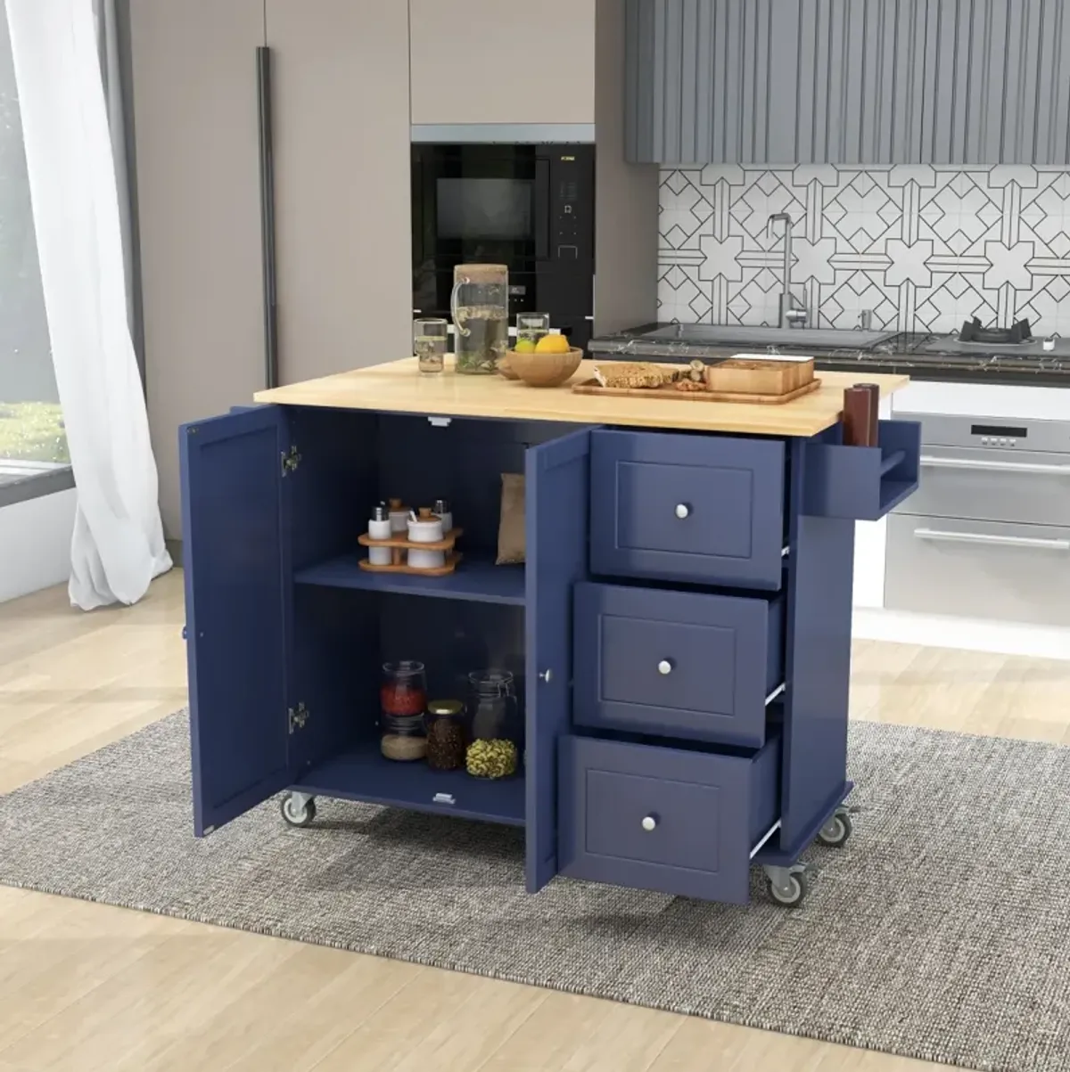 Mobile Kitchen Island with Drop Leaf & Storage Cabinet