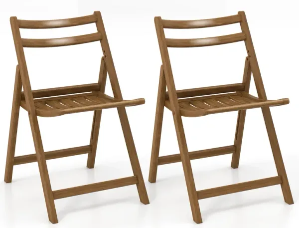 Rubber Wood Frame and Folding Dining Chair Set of 2 with Slatted Seat