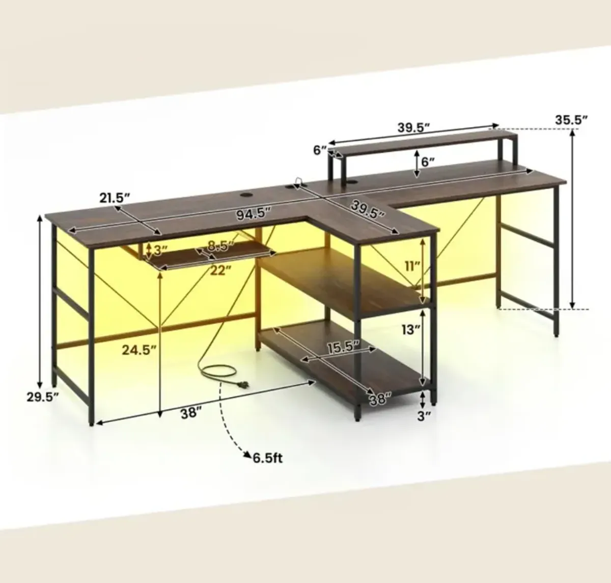 Hivvago 2-Person Reversible Computer Desk Long Office Desk with LED Lights