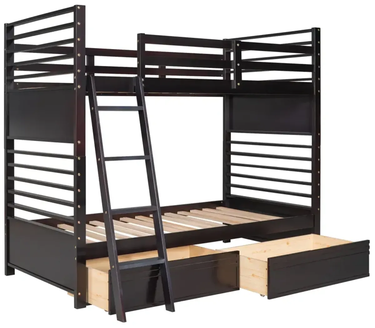 Twin over Twin Wood Bunk Bed with Two Drawers - Espresso�