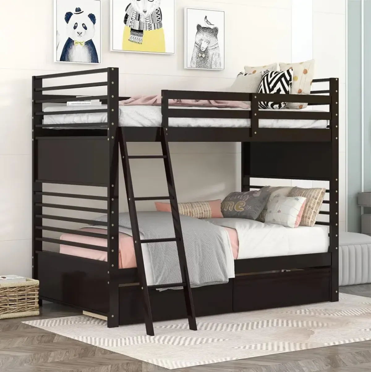 Twin over Twin Wood Bunk Bed with Two Drawers - Espresso�