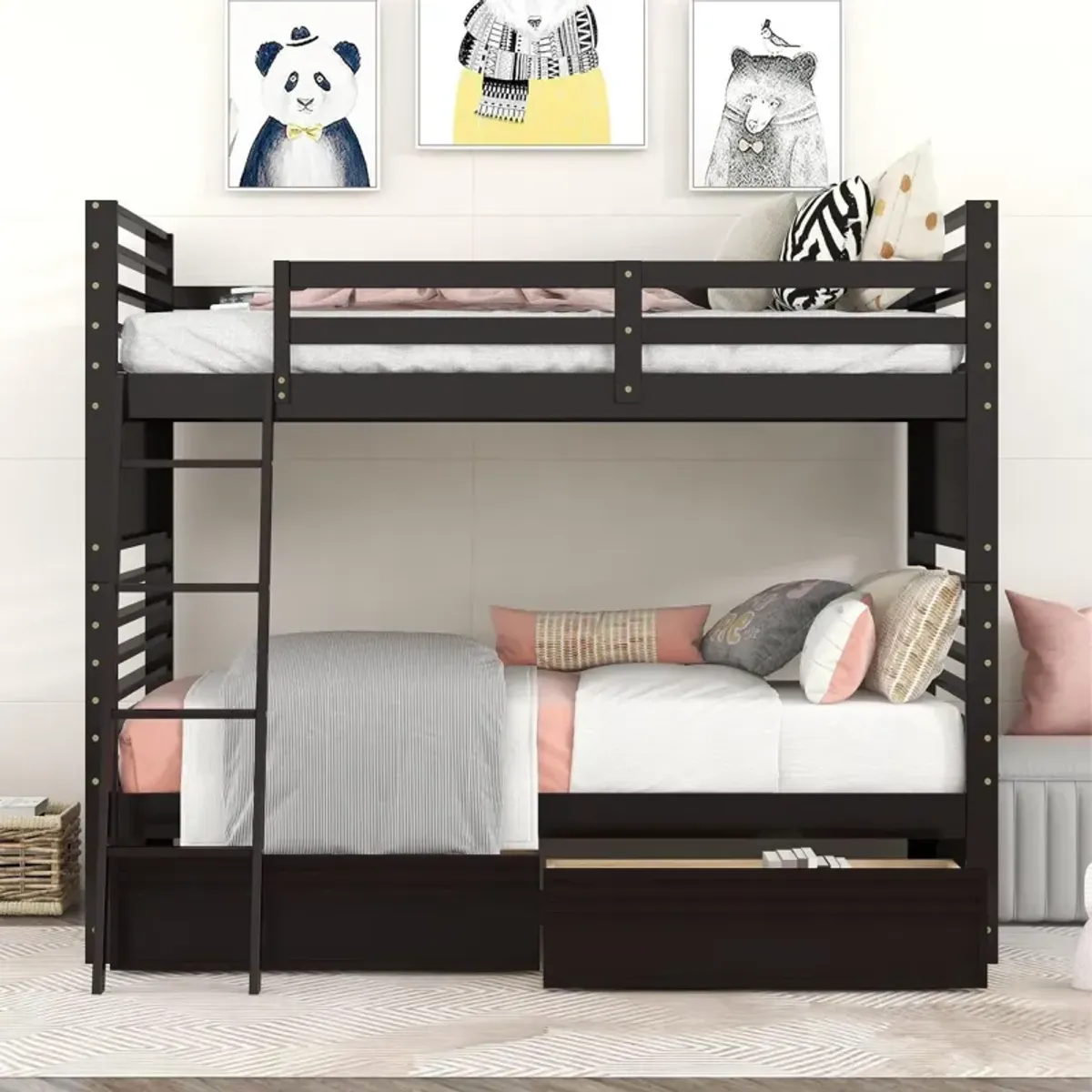 Twin over Twin Wood Bunk Bed with Two Drawers - Espresso�