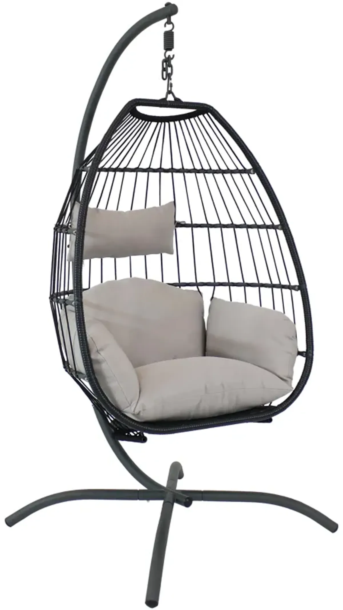 Sunnydaze Resin Wicker Hanging Egg Chair with Steel Stand/Cushions - Gray