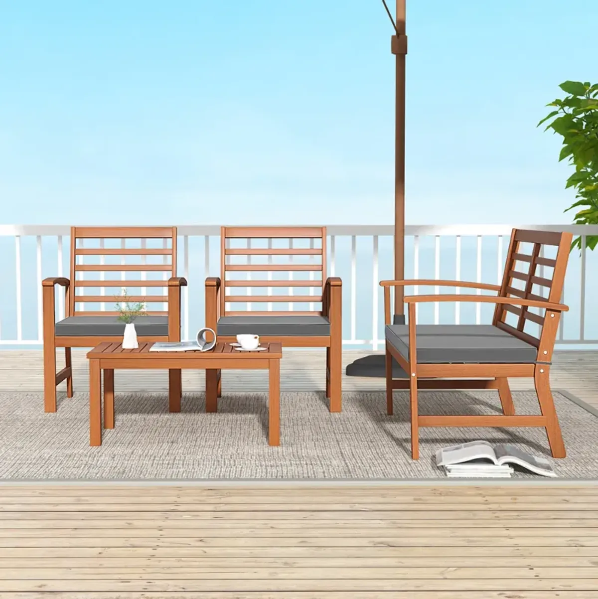 4 Pieces Outdoor Furniture Set with Stable Acacia Wood Frame