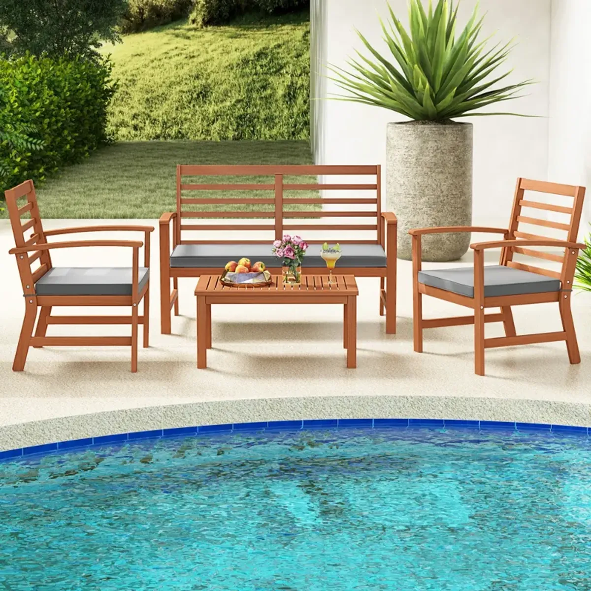 4 Pieces Outdoor Furniture Set with Stable Acacia Wood Frame