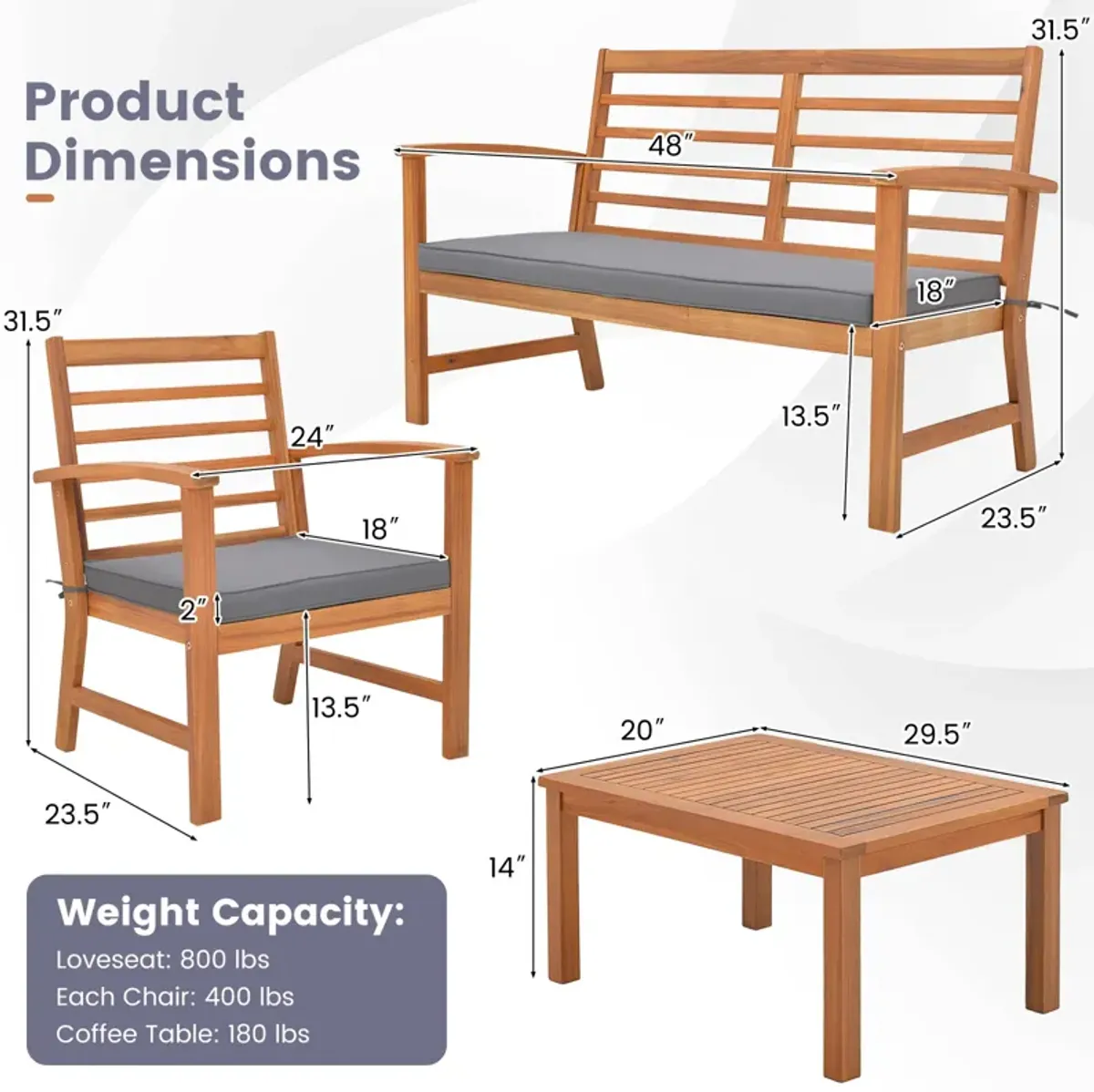 4 Pieces Outdoor Furniture Set with Stable Acacia Wood Frame