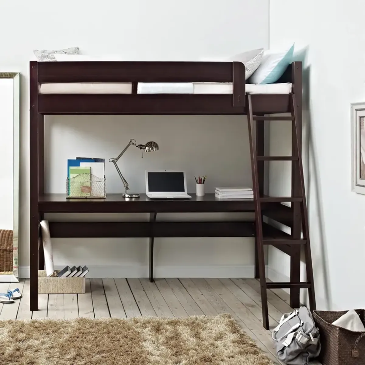 DHP Harlan Twin Size Loft Bed with Desk and Ladder, Espresso