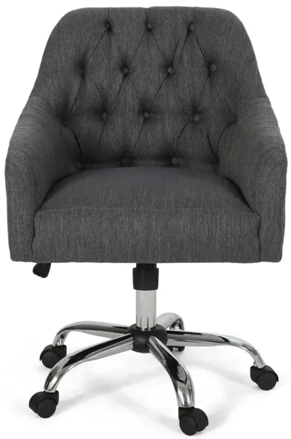 Nysa Swivel Rolling Office Chair, Tufted Dark Gray Fabric, Chrome - Benzara