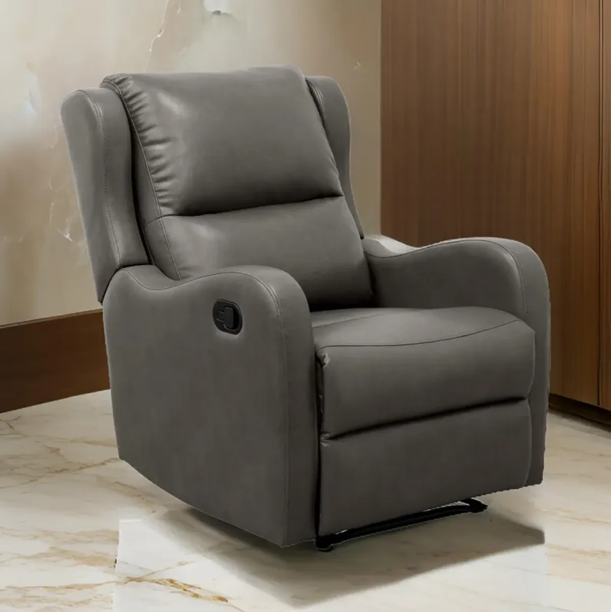 Kim 38 Inch Manual Recliner Chair, Cushioned Gray Faux Leather, Solid Wood - Benzara