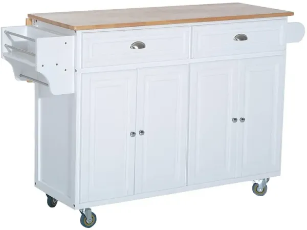 White Mobile Kitchen Aid: Wood Top Drop Leaf Cart with Cabinet & Wheels