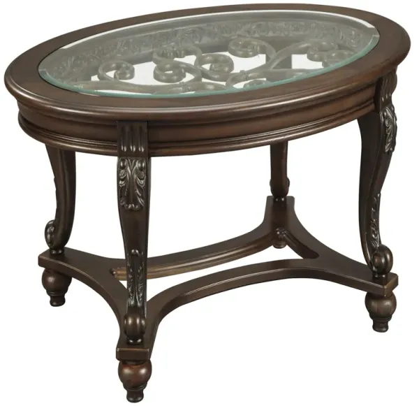 Traditional Wooden Oval Cocktail Table with Glass Top and Bun Feet, Brown-Benzara