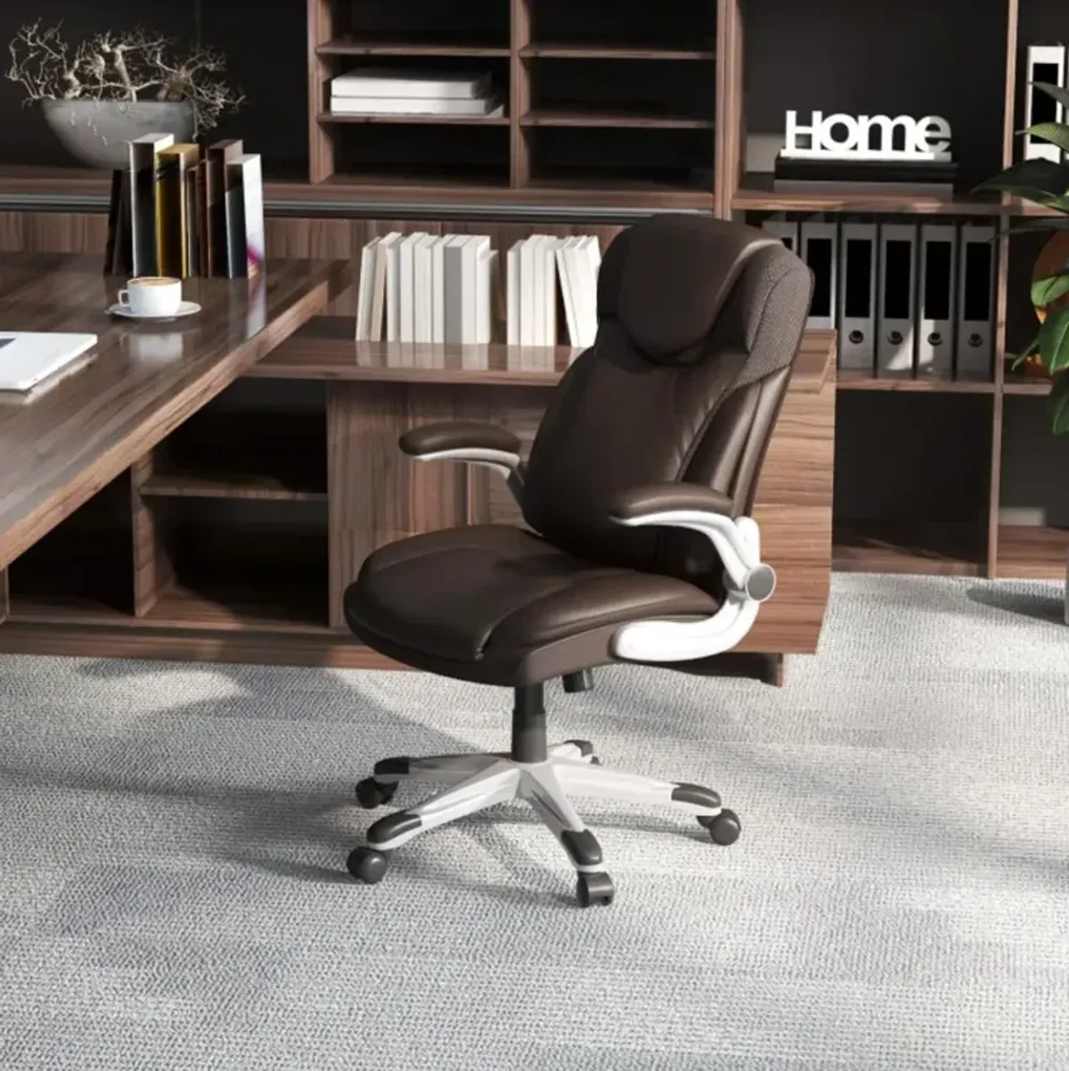 Hivvago Ergonomic Office PU Leather Executive Chair with Flip-up Armrests and Rocking Function-Brown