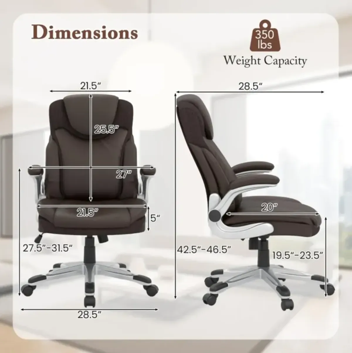 Hivvago Ergonomic Office PU Leather Executive Chair with Flip-up Armrests and Rocking Function-Brown