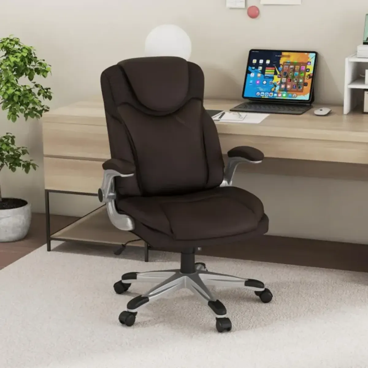 Hivvago Ergonomic Office PU Leather Executive Chair with Flip-up Armrests and Rocking Function-Brown