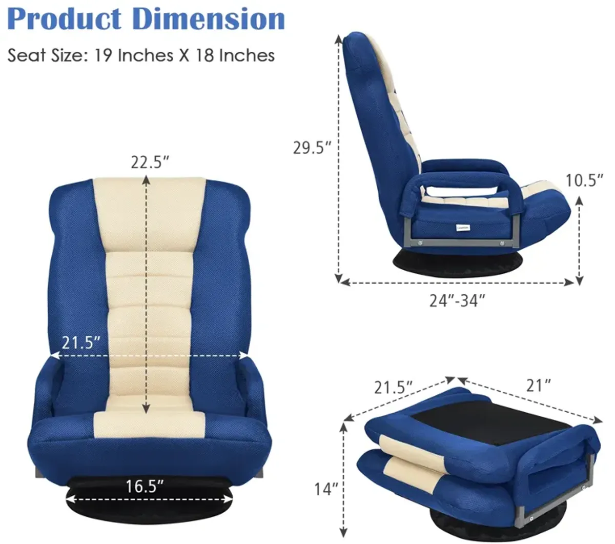 360-Degree Swivel Gaming Floor Chair with Foldable Adjustable Backrest