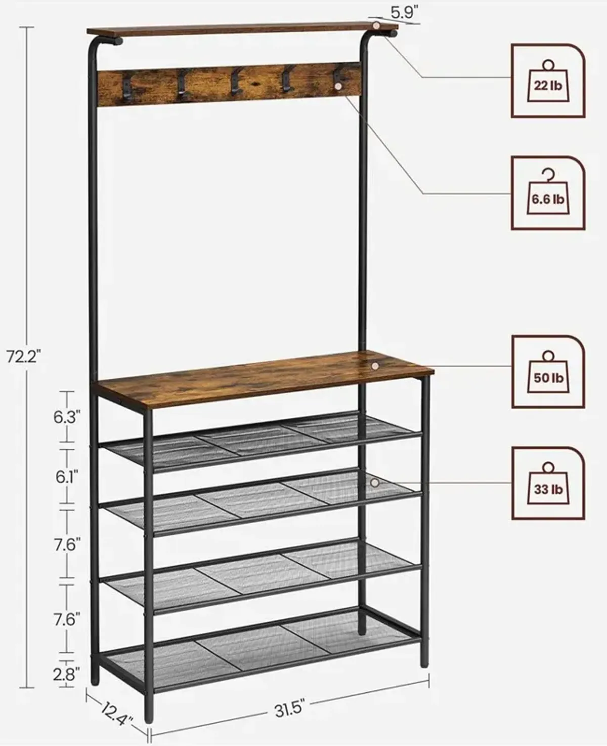 Hall Tree with Shoe Bench Entryway Organizer with Hooks and Storage