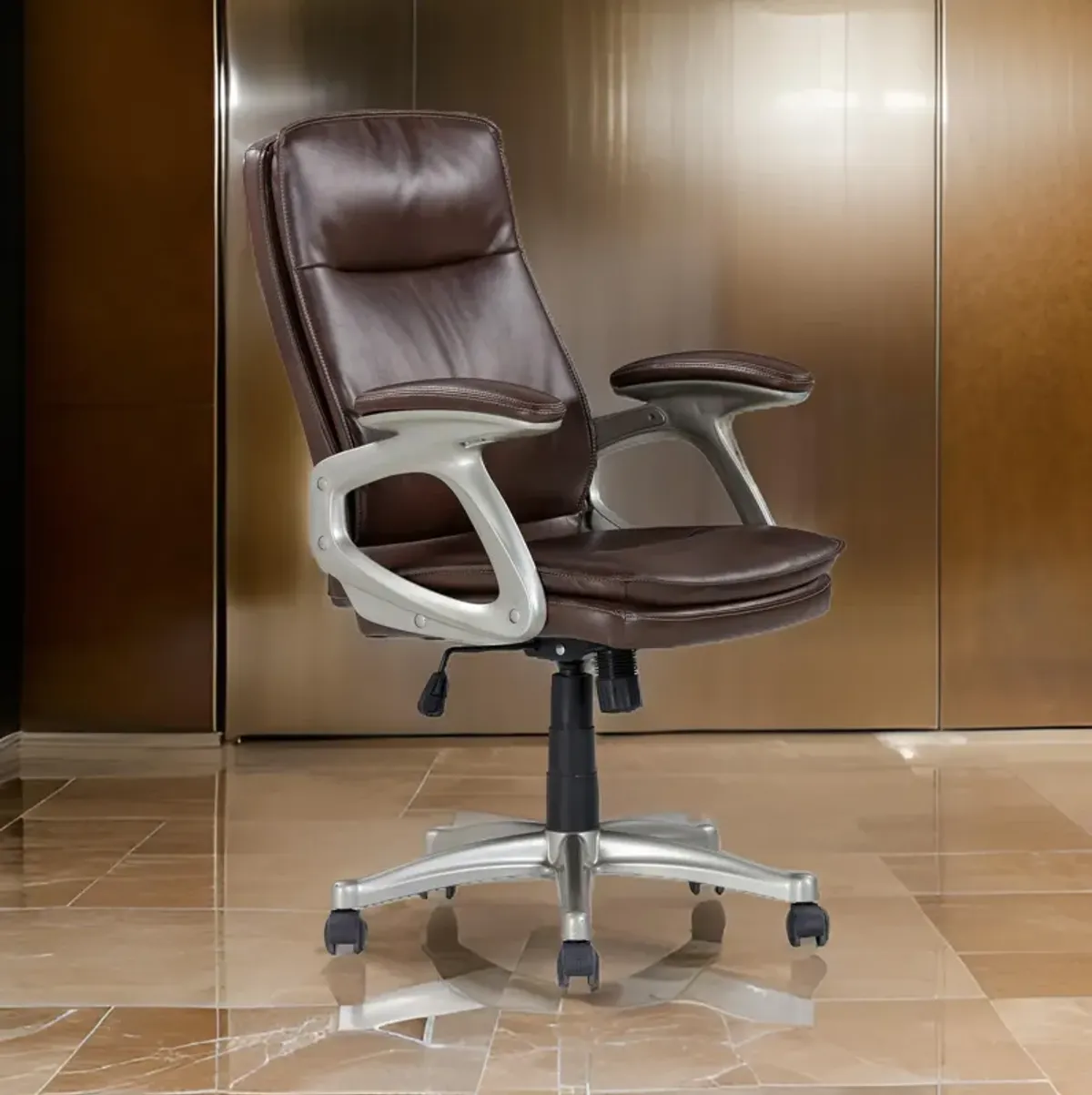 28 Inch Office Gaming Chair, 360 Degree Swivel, Silver, Brown Faux Leather - Benzara