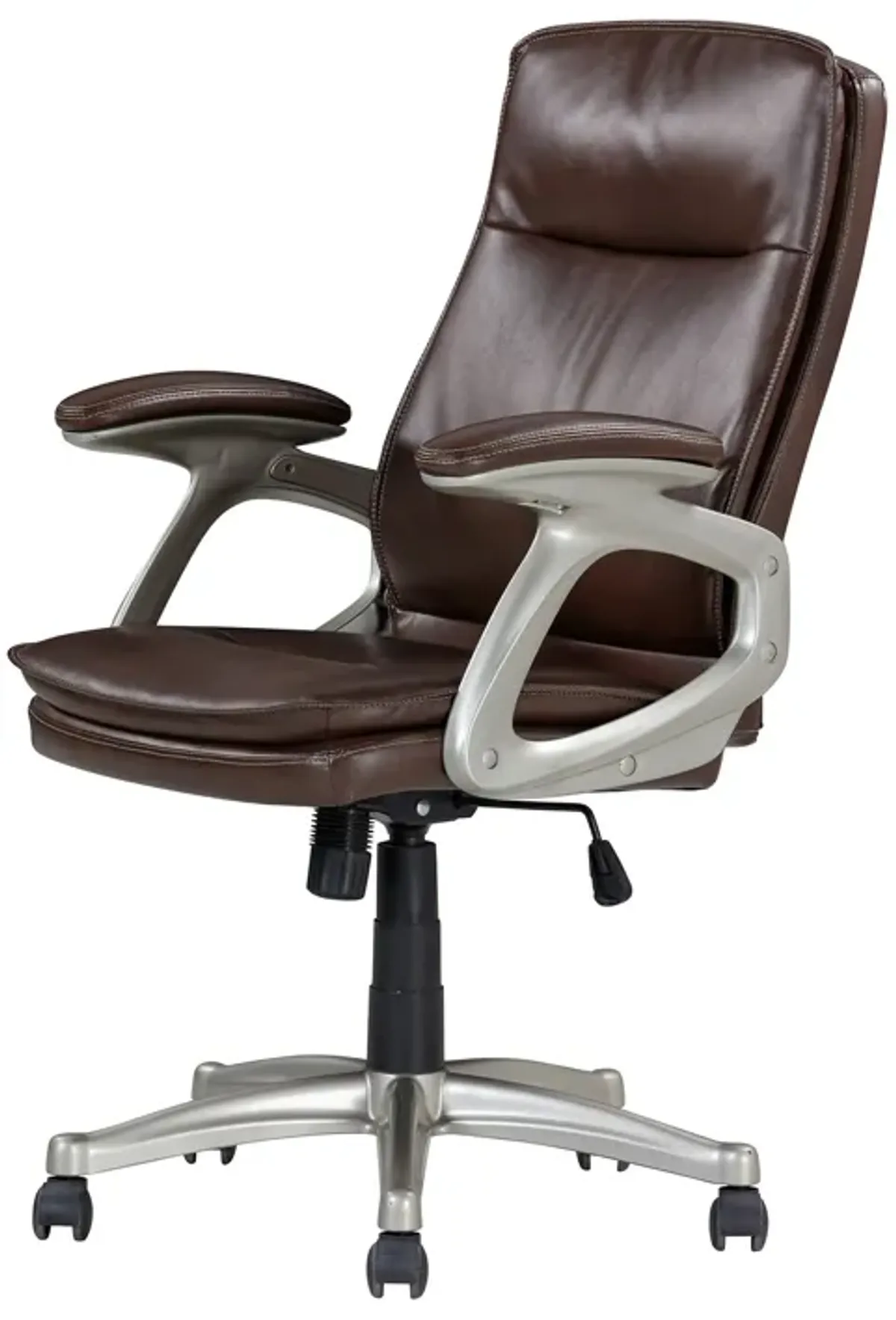 28 Inch Office Gaming Chair, 360 Degree Swivel, Silver, Brown Faux Leather - Benzara