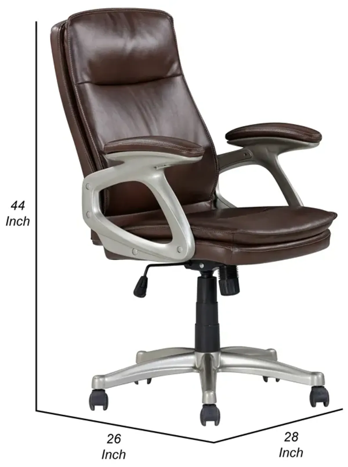 28 Inch Office Gaming Chair, 360 Degree Swivel, Silver, Brown Faux Leather - Benzara