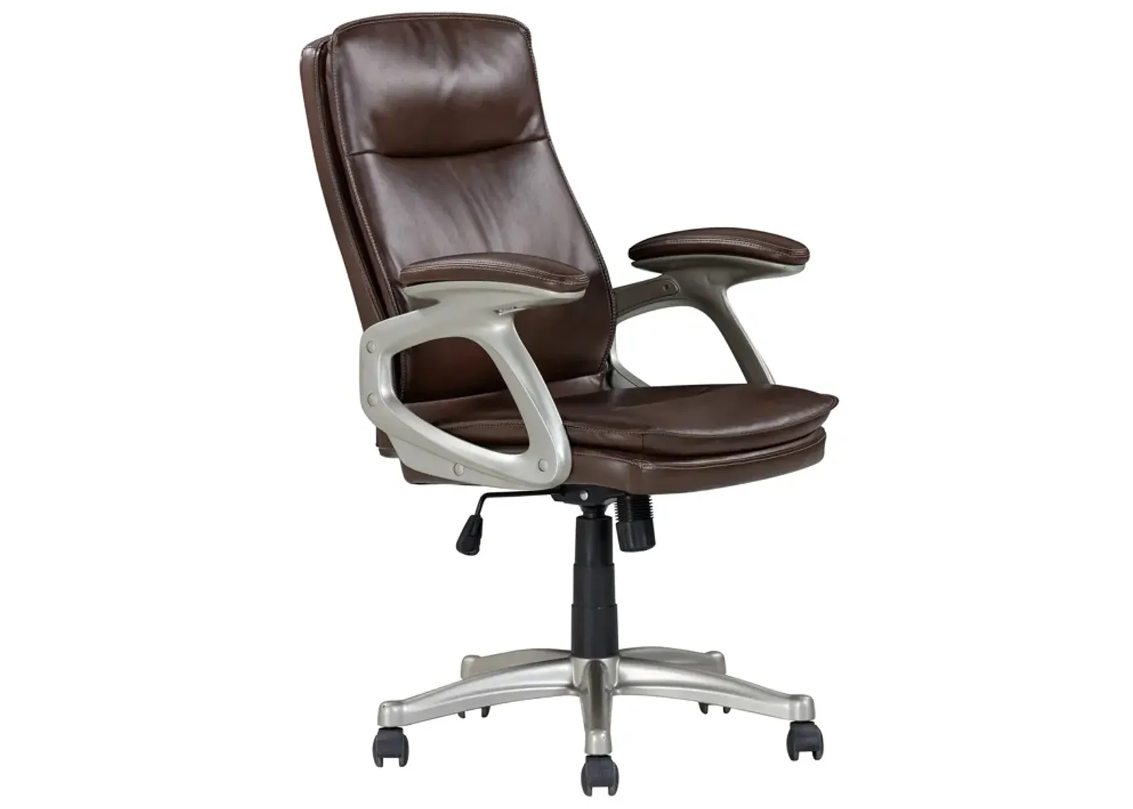 28 Inch Office Gaming Chair, 360 Degree Swivel, Silver, Brown Faux Leather - Benzara