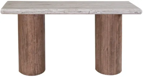 Kohl 55 Inch Sofa Table, Brown Mango Wood, Drum Base, Cream Floated Top - Benzara