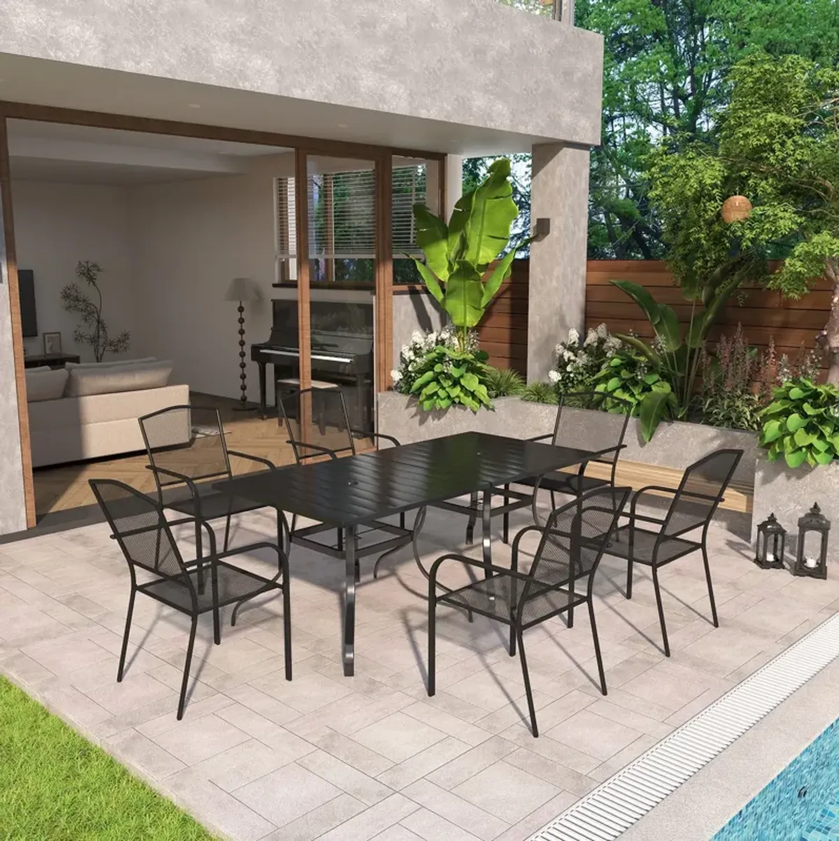 MONDAWE 8-Piece Patio Dining Set With  2 Pcs Square Steel Tables And 6 Pcs Steel Mesh Dining Chairs, Black