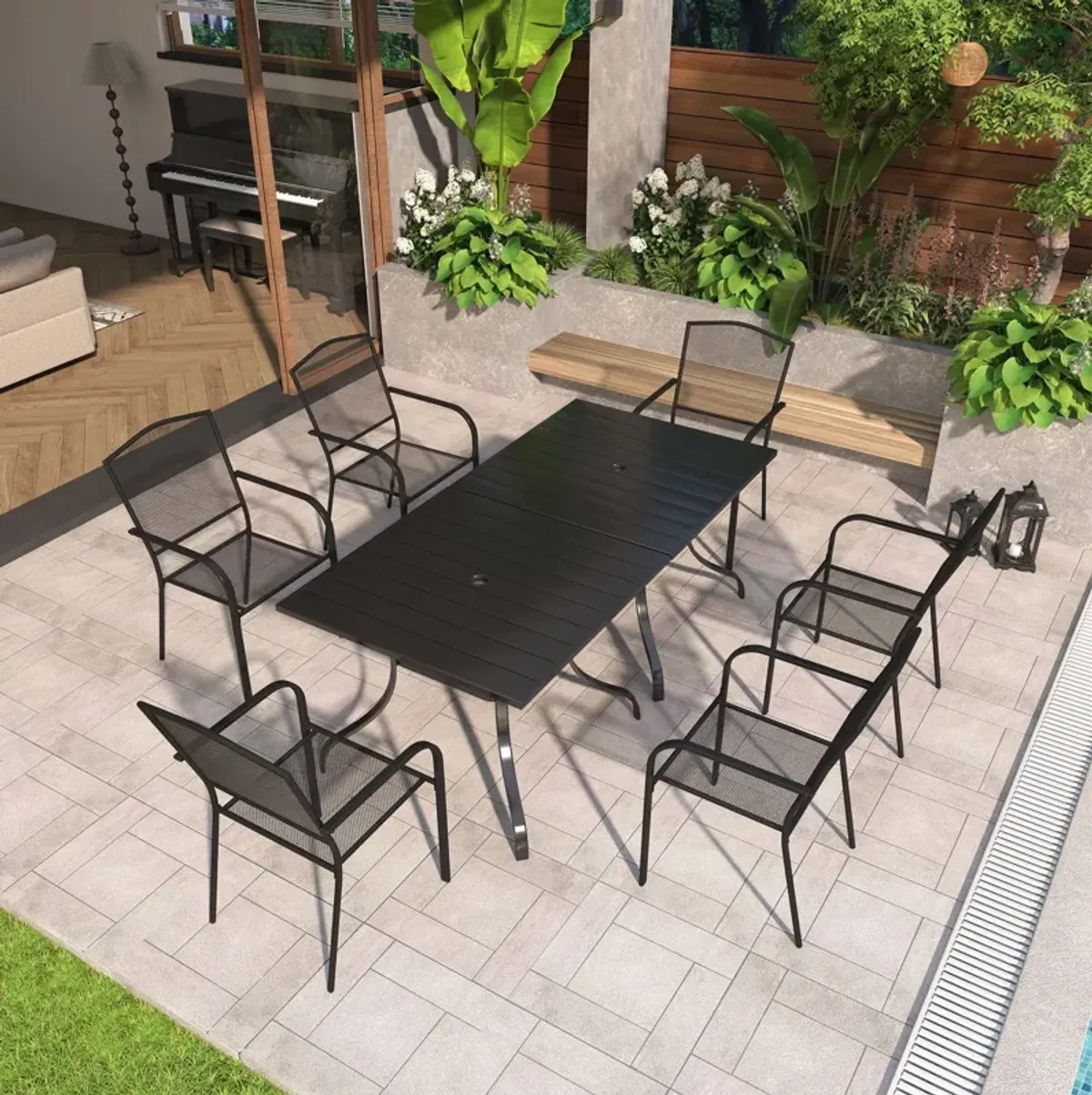 MONDAWE 8-Piece Patio Dining Set With  2 Pcs Square Steel Tables And 6 Pcs Steel Mesh Dining Chairs, Black