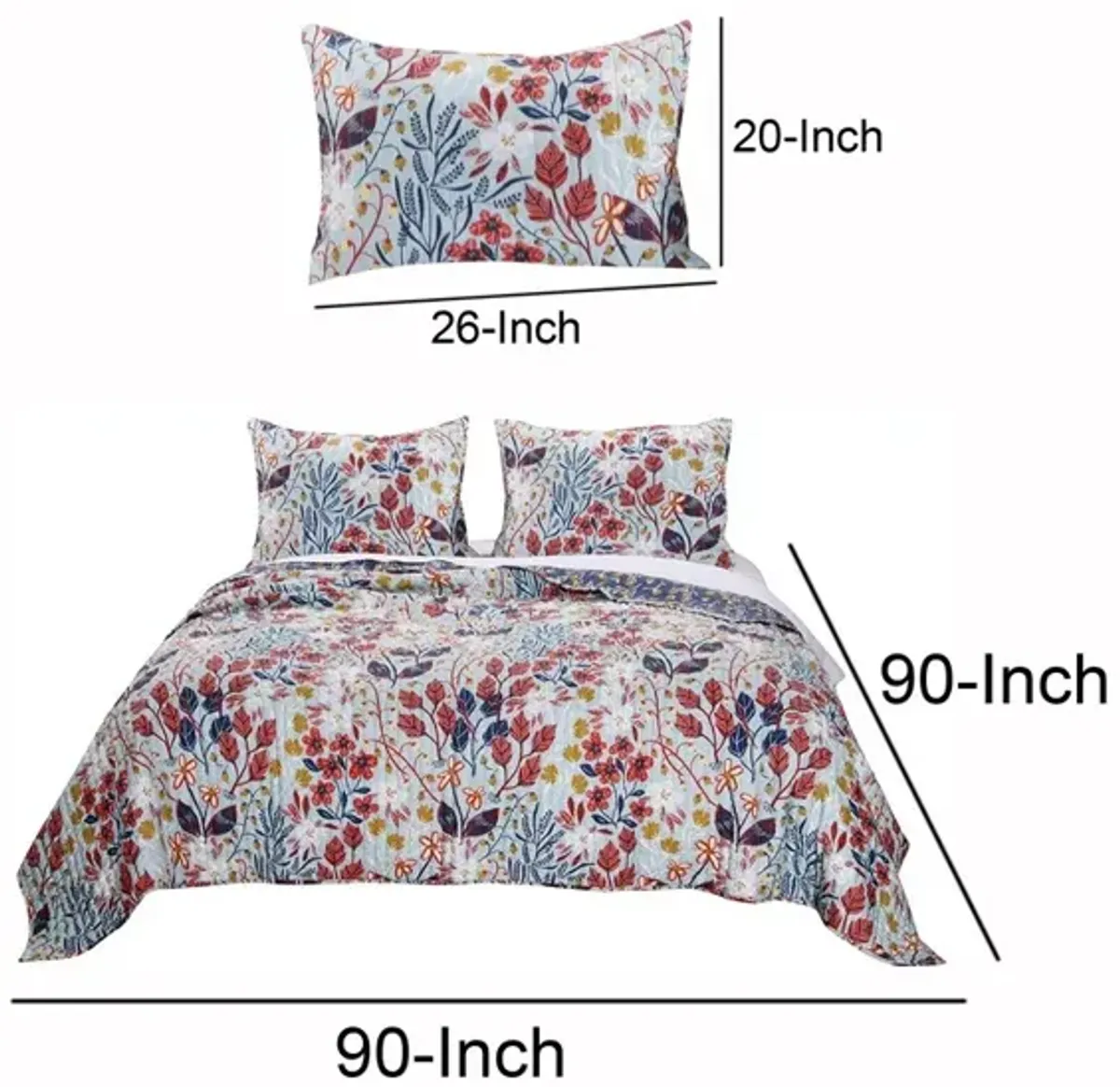 Full Size 3 Piece Polyester Quilt Set with Floral Prints, Multicolor - Benzara