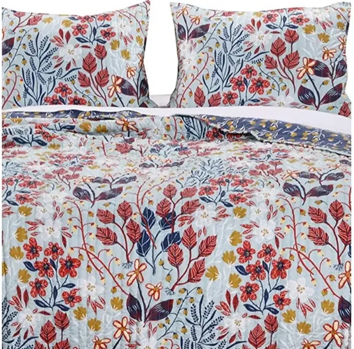 Full Size 3 Piece Polyester Quilt Set with Floral Prints, Multicolor - Benzara