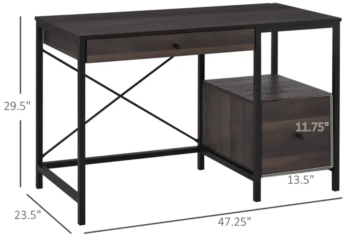 Walnut Brown Office Desk: PC Study Table with File Drawer