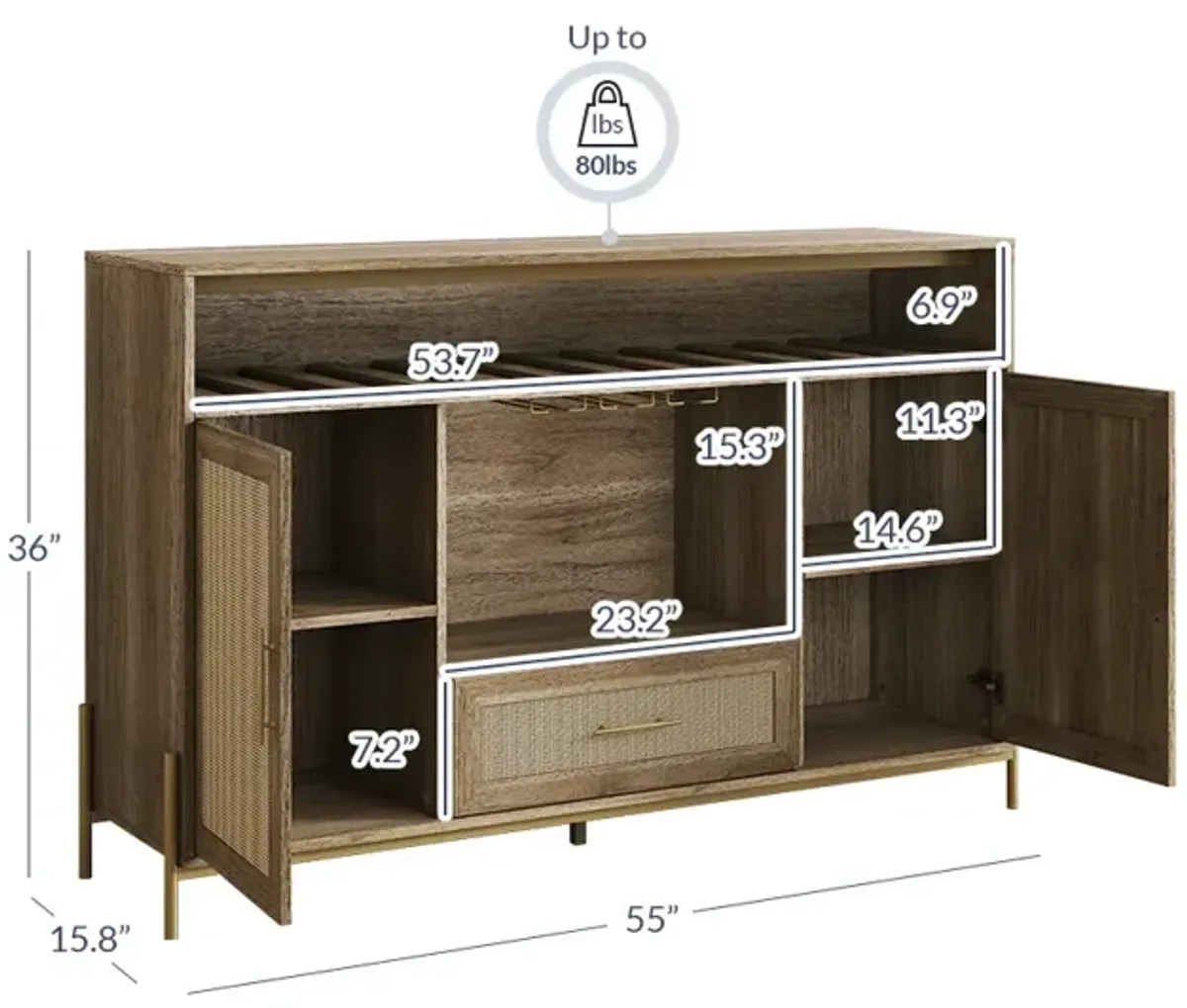 BELLEZE Free-Standing Wine Cabinet, 55" Rattan Wine Bar Cabinet with Wine Rack and Glass Holder, Coffee Bar Cabinet for Dining Room, Living Room and Kitchen - Marcel (Camel)