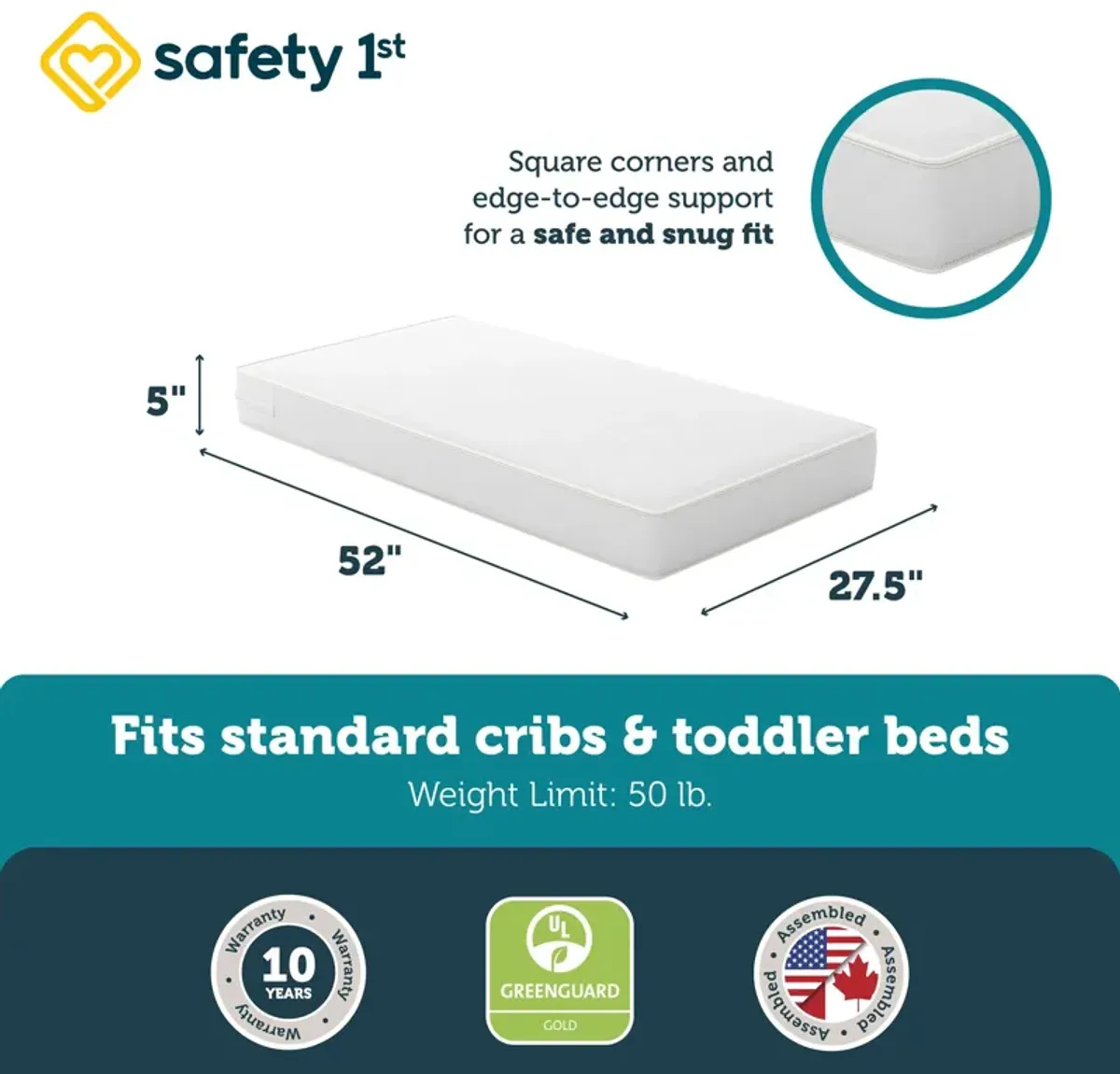 Safety 1st Heavenly Dreams Baby Crib and Toddler Bed Mattress, Waterproof and Stain Resistant Cover, White