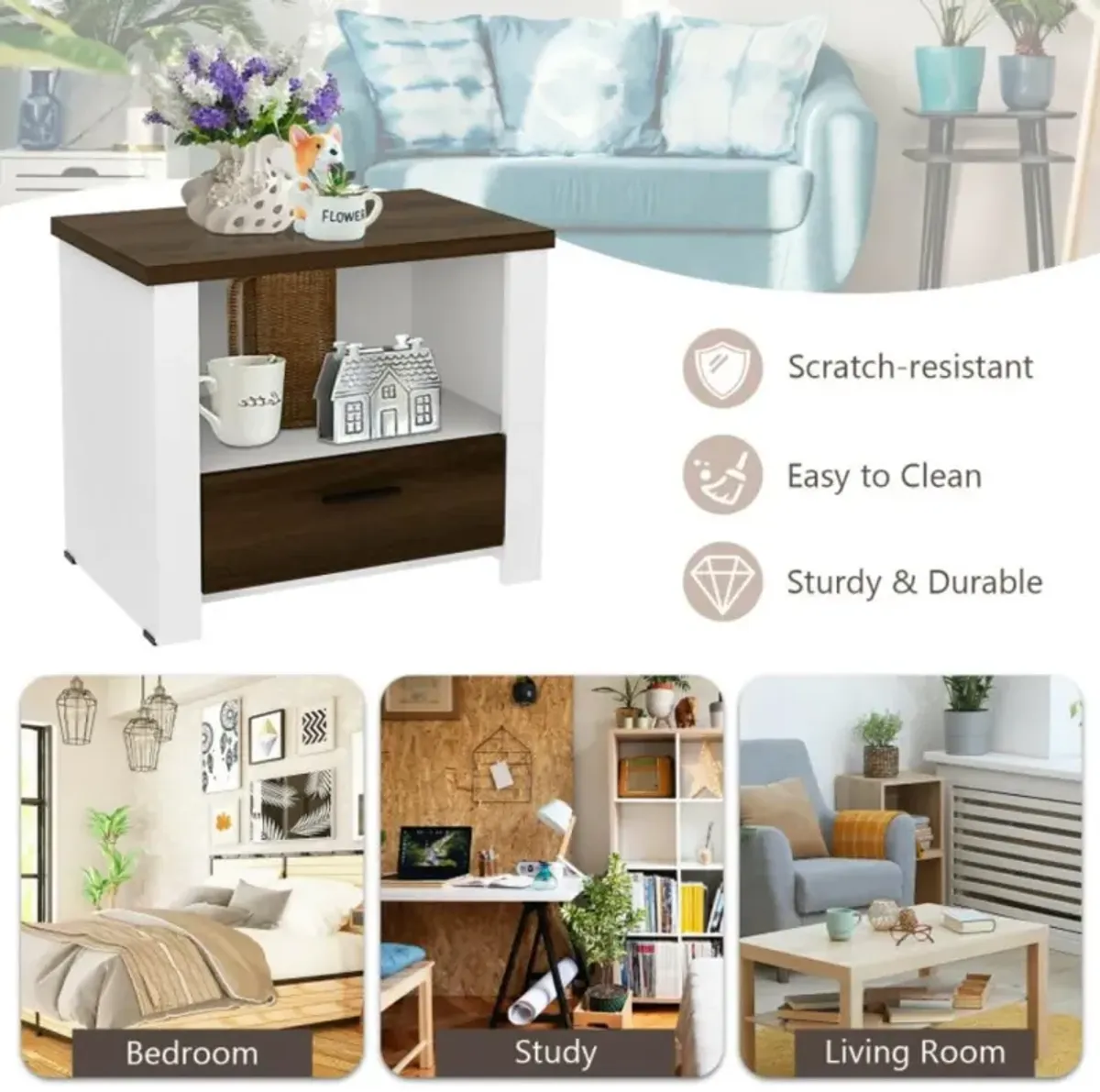 Hivvago Accent Nightstand with Drawer and Open Shelf