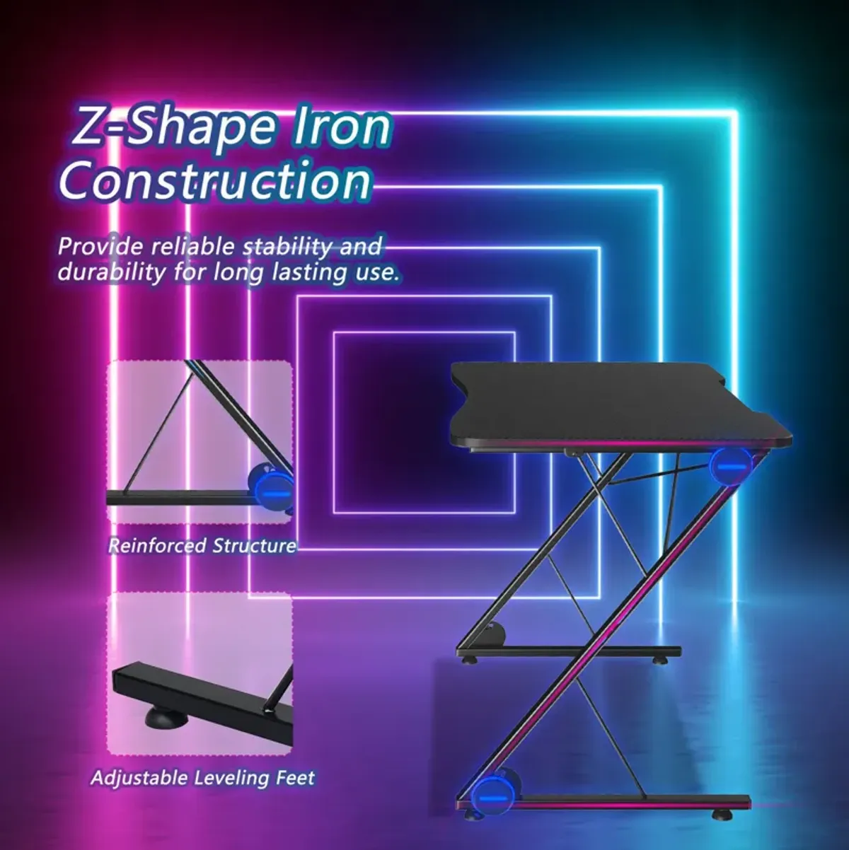 Costway 43.5 inch Gaming Desk Z Shape Office PC Computer Desk Gamer Tables w/ LED Lights