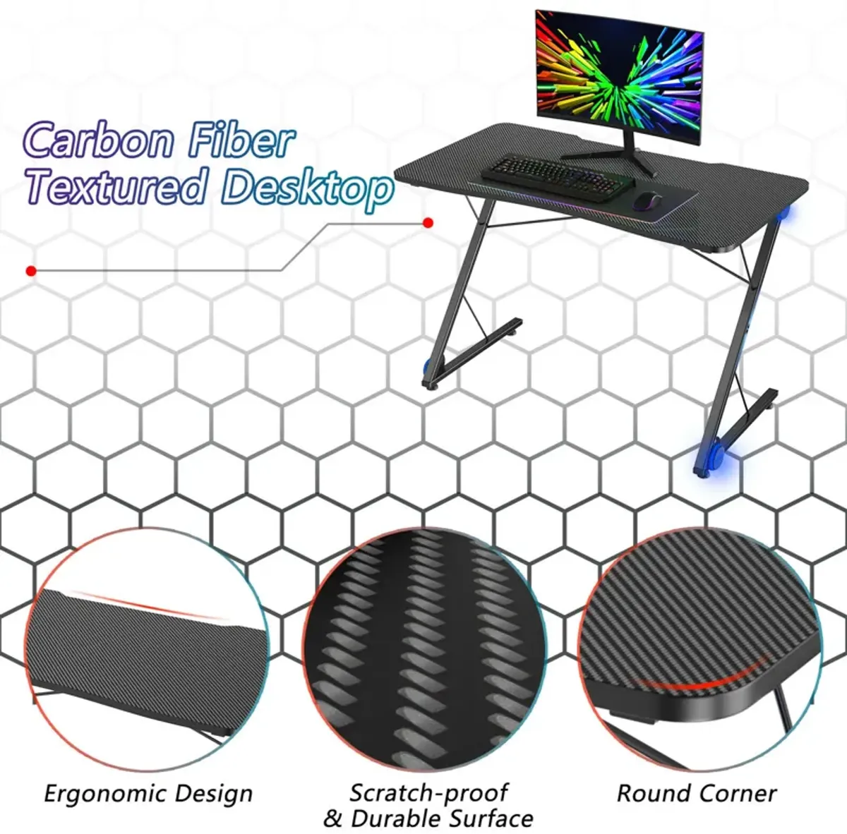 Costway 43.5 inch Gaming Desk Z Shape Office PC Computer Desk Gamer Tables w/ LED Lights