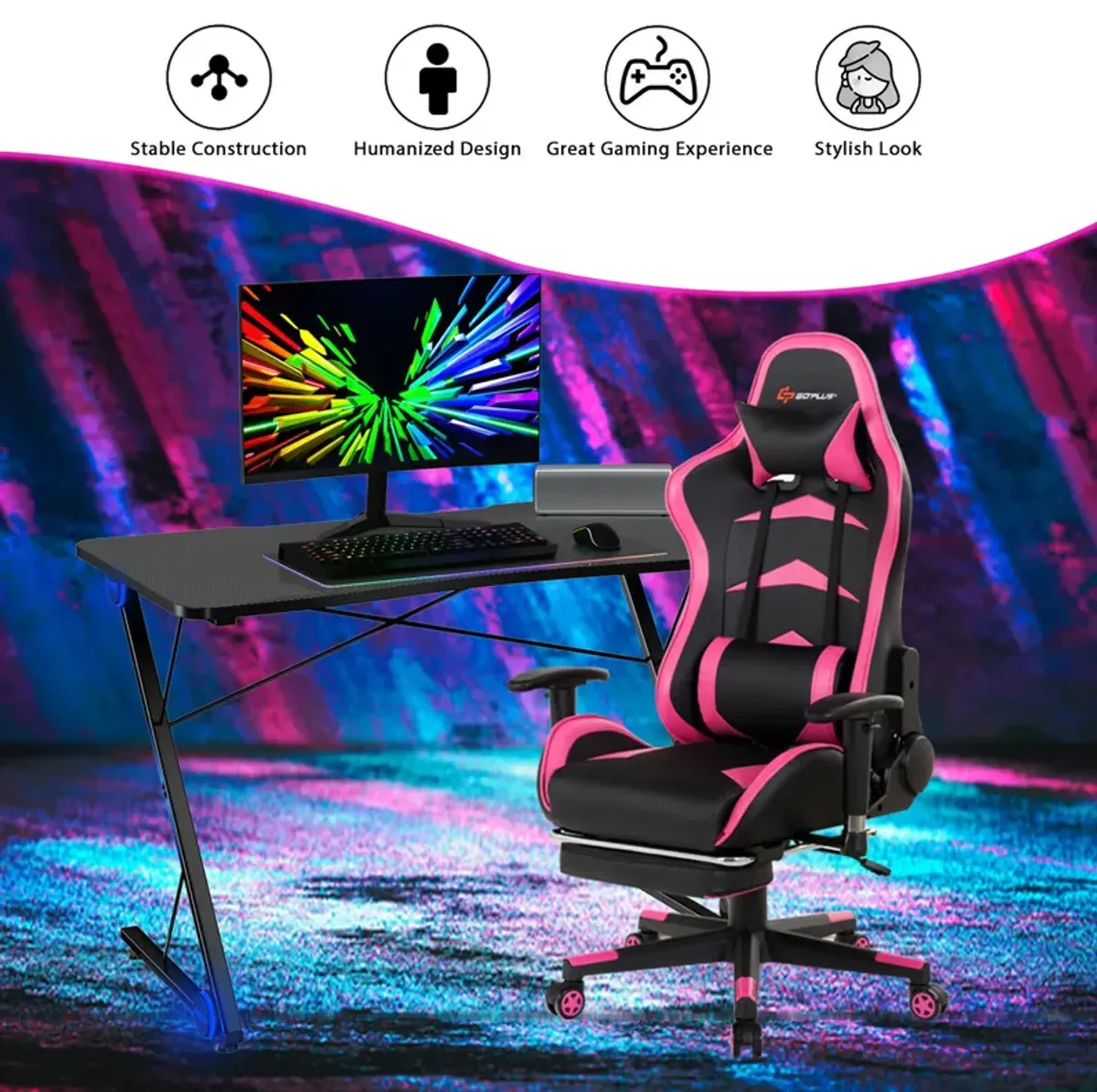 Costway 43.5 inch Gaming Desk Z Shape Office PC Computer Desk Gamer Tables w/ LED Lights