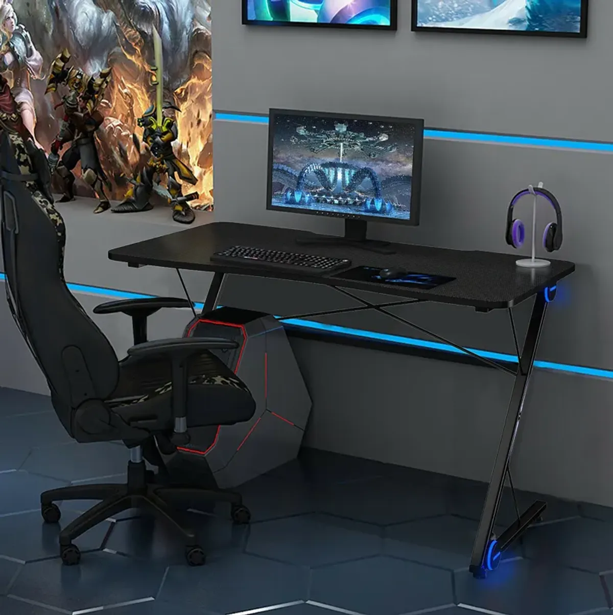 Costway 43.5 inch Gaming Desk Z Shape Office PC Computer Desk Gamer Tables w/ LED Lights
