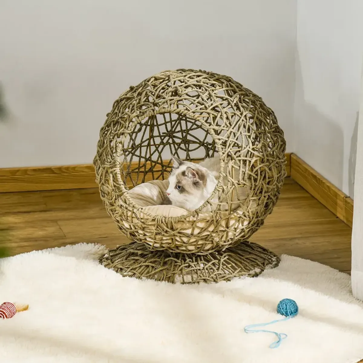 Brown Kitty Haven: Elevated Wicker Cat Bed with Soft Cushion