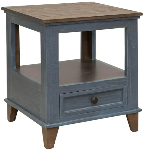 Benjara Rozy 26 Inch Side End Table, Pine Wood, 1 Drawer, Open Shelf, Brown, Blue and Bronze