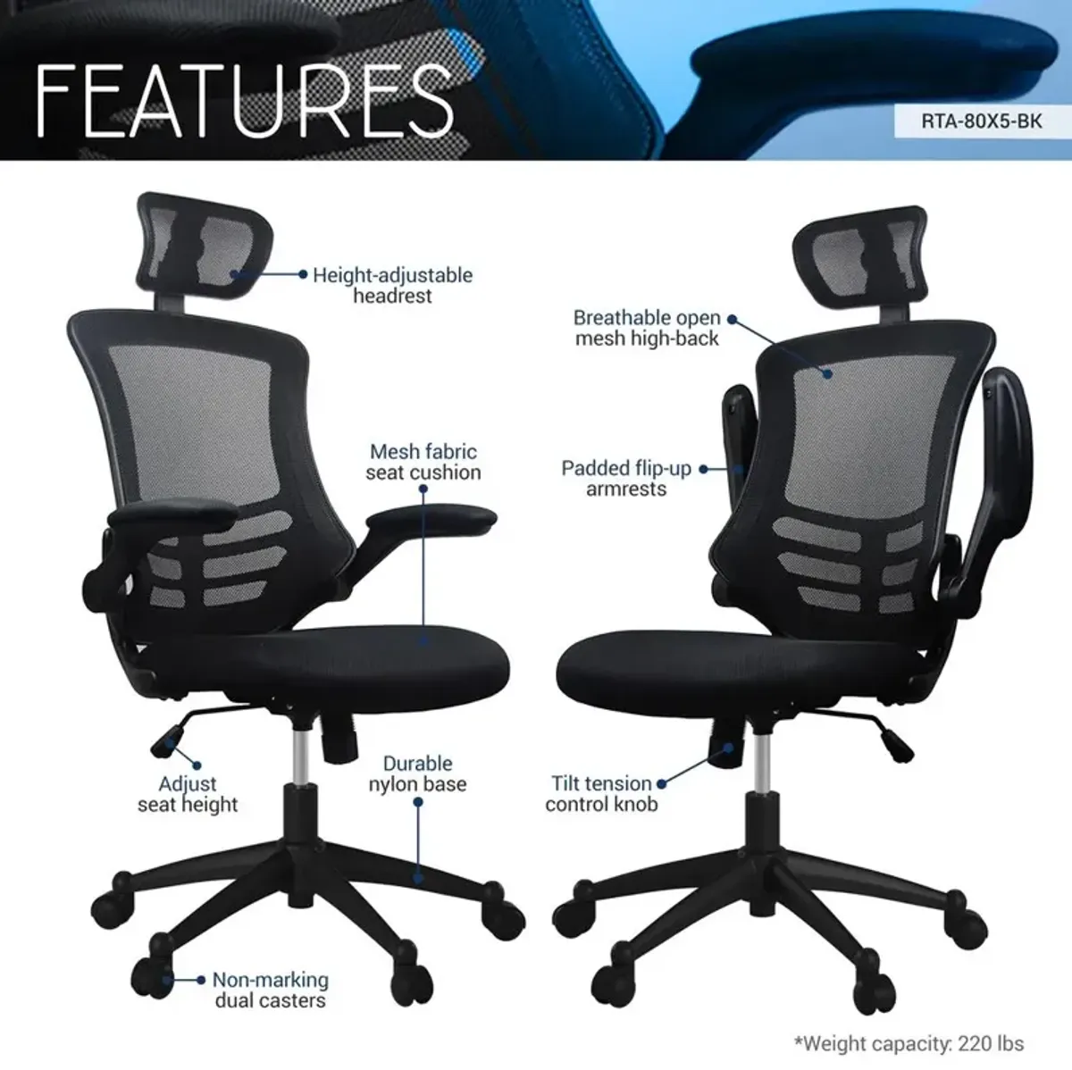 Techni Mobili Modern High-Back Mesh Executive Office Chair With Headrest And Flip Up Arms. Color: Black