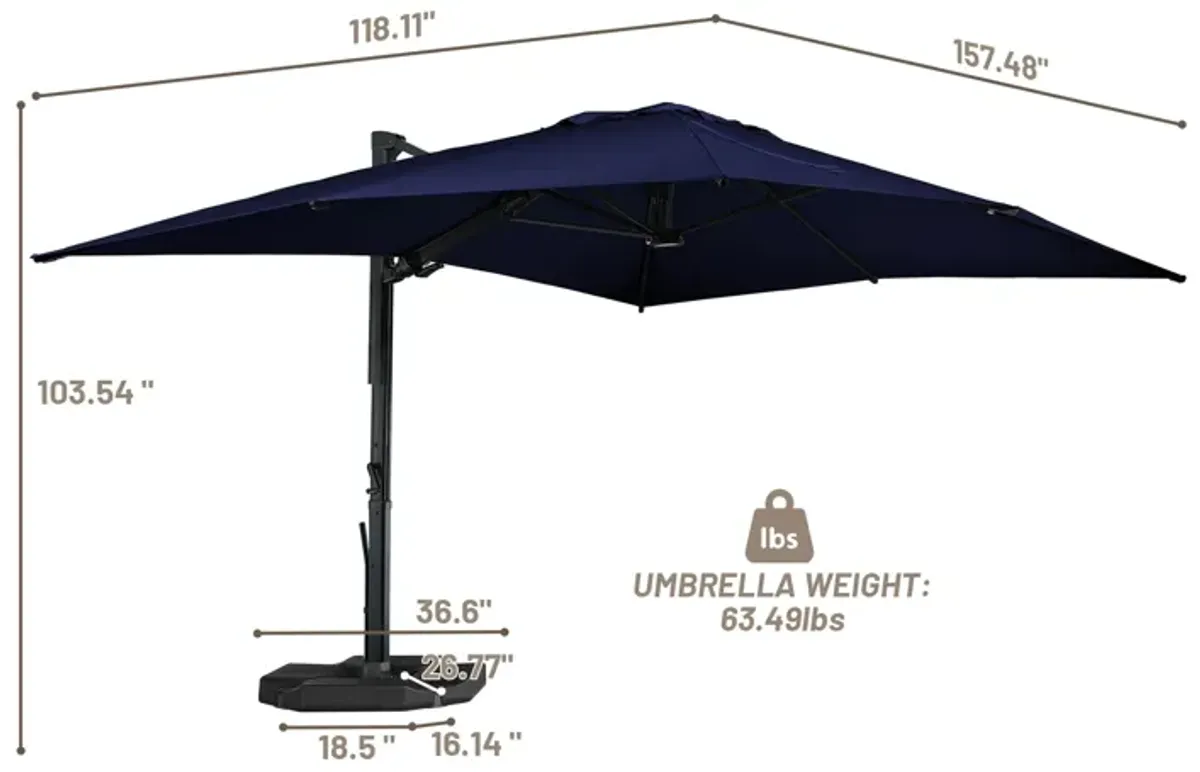 10x13 ft. 360 Rotation Cantilever Umbrella with BaseandLED Light in Navy Blue