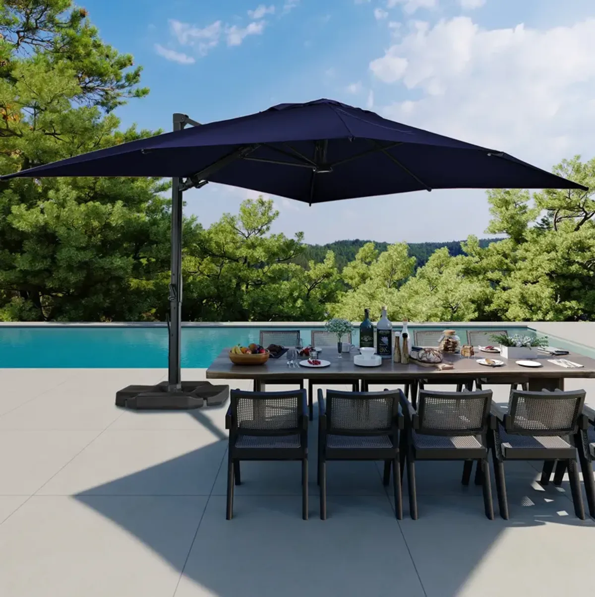 10x13 ft. 360 Rotation Cantilever Umbrella with BaseandLED Light in Navy Blue