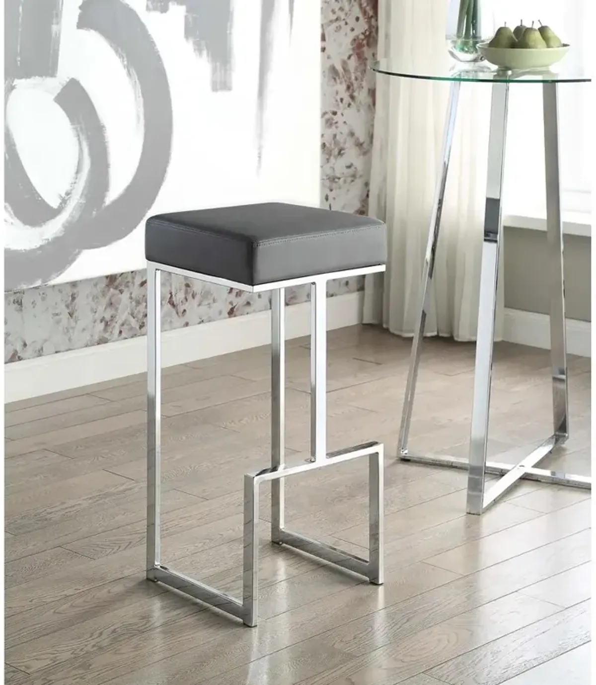 31 Inch Modern Bar Stool, Vegan Faux Leather, Backless, Chrome, Silver - Benzara