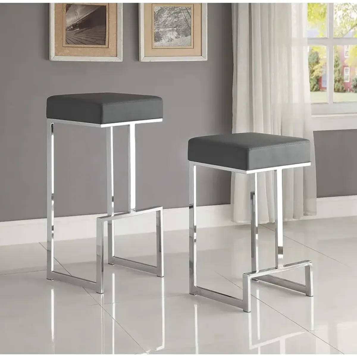 31 Inch Modern Bar Stool, Vegan Faux Leather, Backless, Chrome, Silver - Benzara