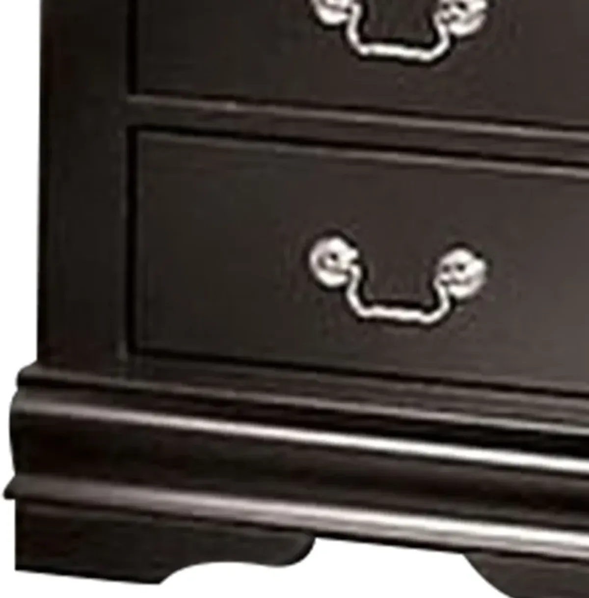 Ryla Nightstand, 2 Drawers, Black Solid Wood, Nickel Metal Drop Handles