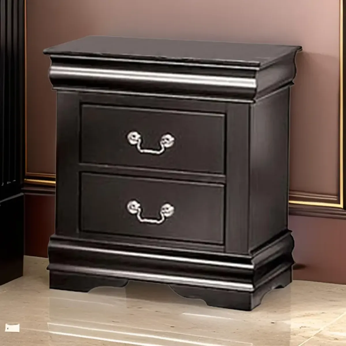 Ryla Nightstand, 2 Drawers, Black Solid Wood, Nickel Metal Drop Handles