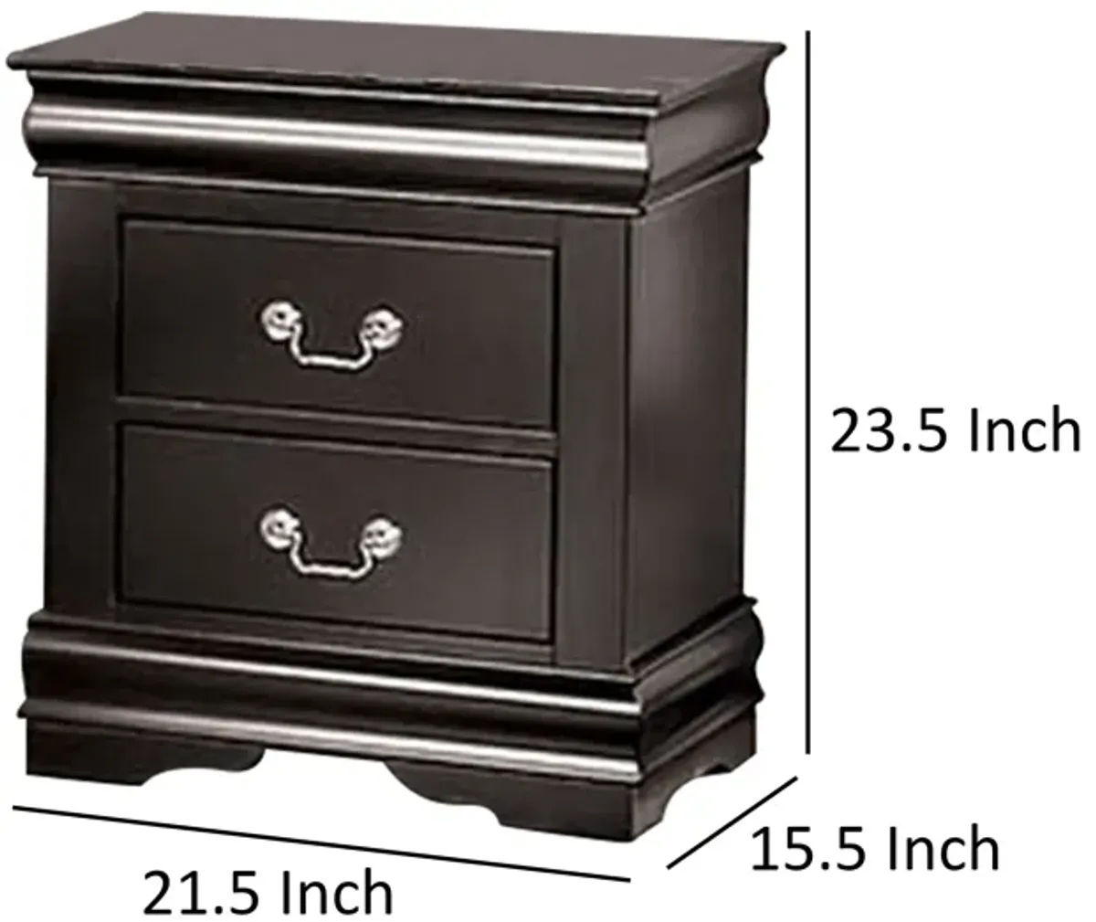 Ryla Nightstand, 2 Drawers, Black Solid Wood, Nickel Metal Drop Handles